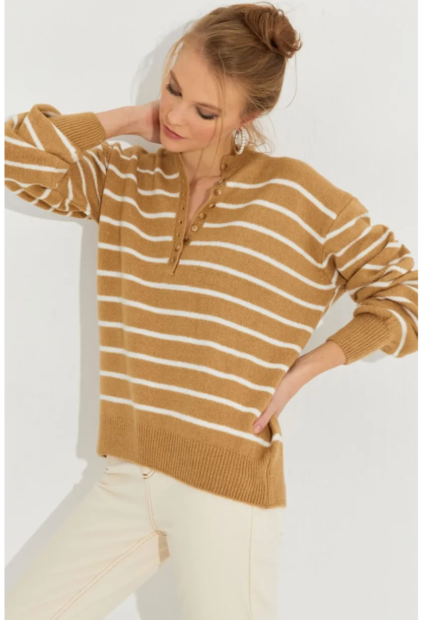 Kadın Camel Çizgili Triko Kazak SMT219