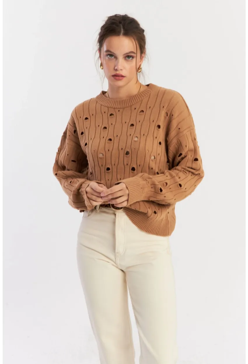 Kadın Camel Çizgili Yırtık Triko Kazak PP2342