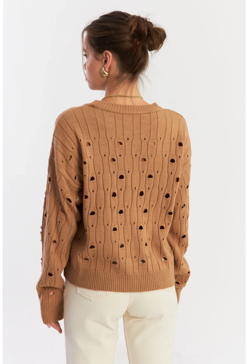 Kadın Camel Çizgili Yırtık Triko Kazak PP2342