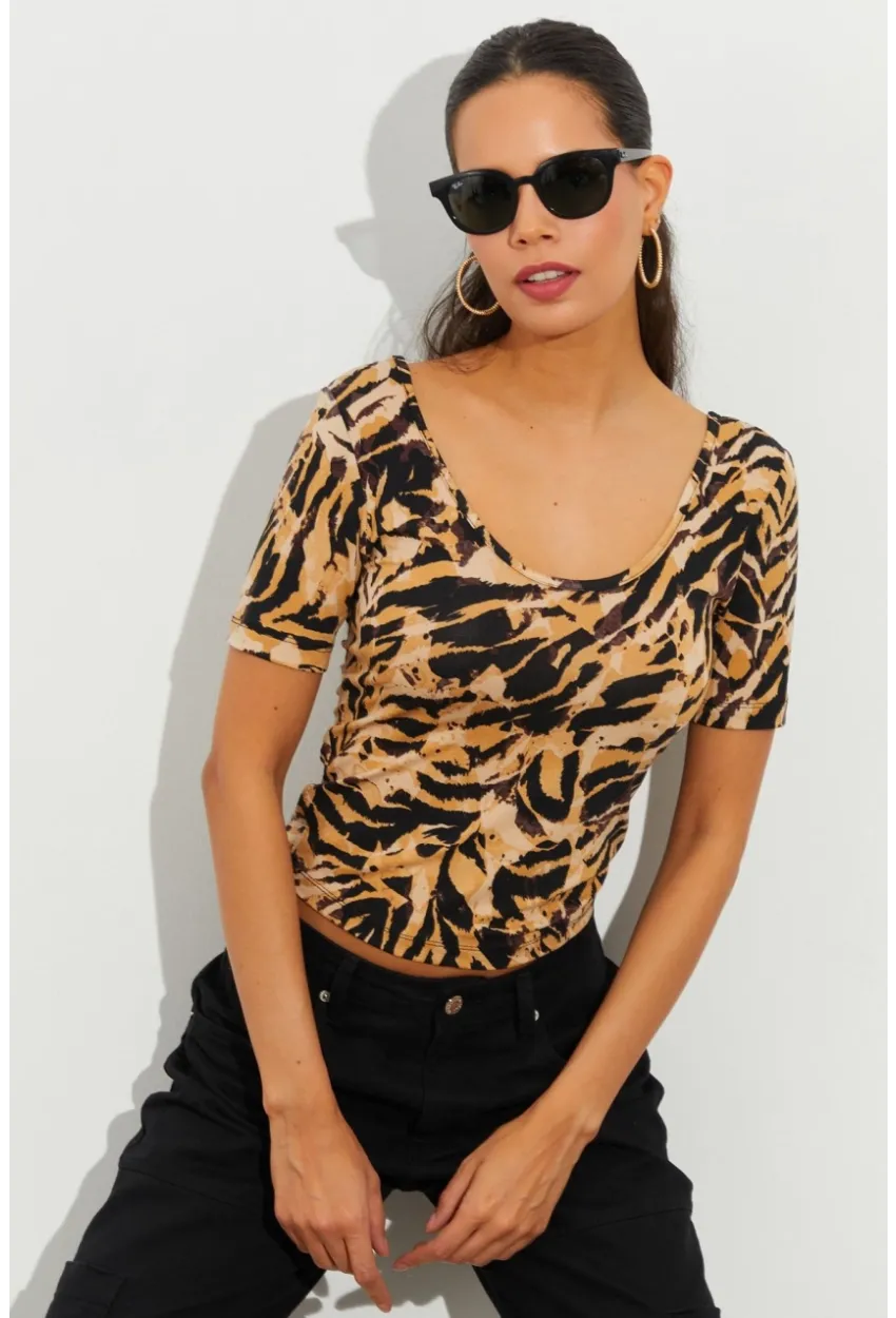 Kadın Camel Desenli Bluz LPP1224