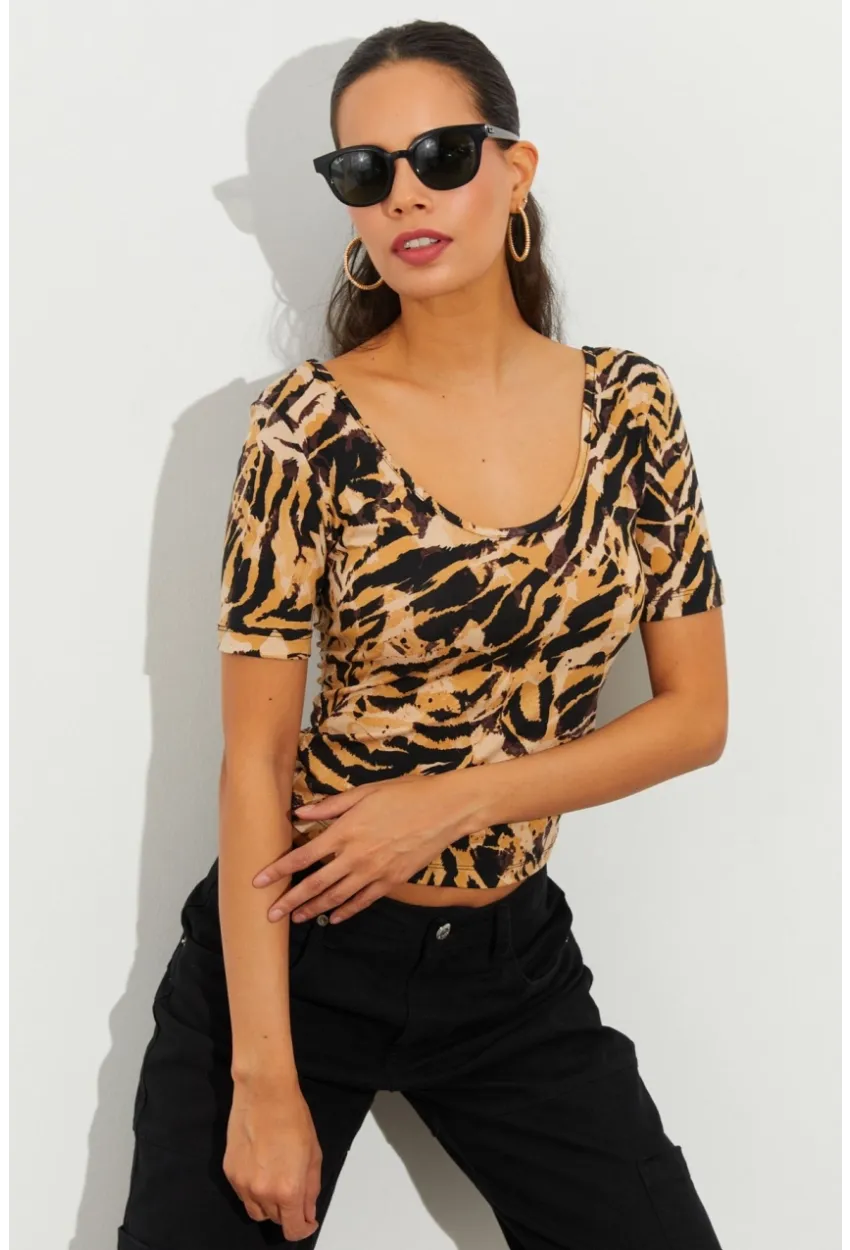 Kadın Camel Desenli Bluz LPP1224