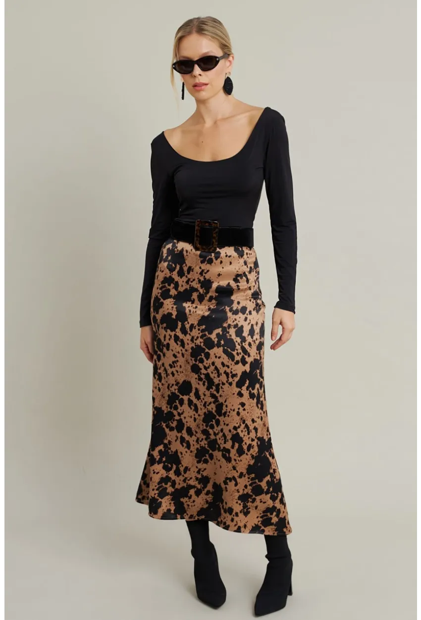 Kadın Camel Desenli Saten Etek CAR1060