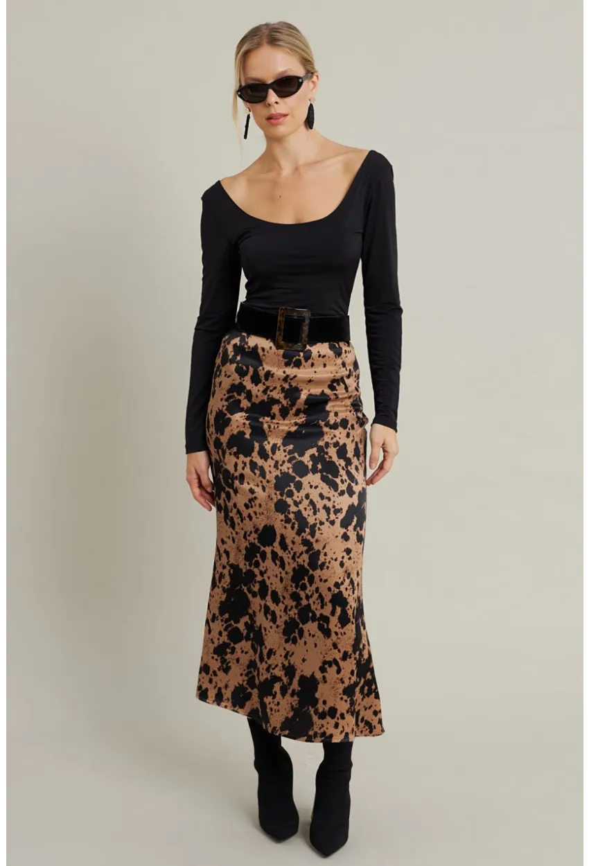 Kadın Camel Desenli Saten Etek CAR1060