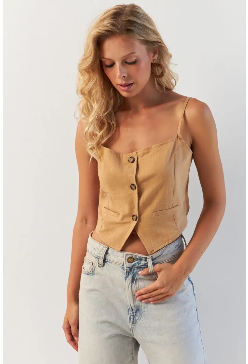 Kadın Camel Düğmeli İp Askılı Yelek MP20153