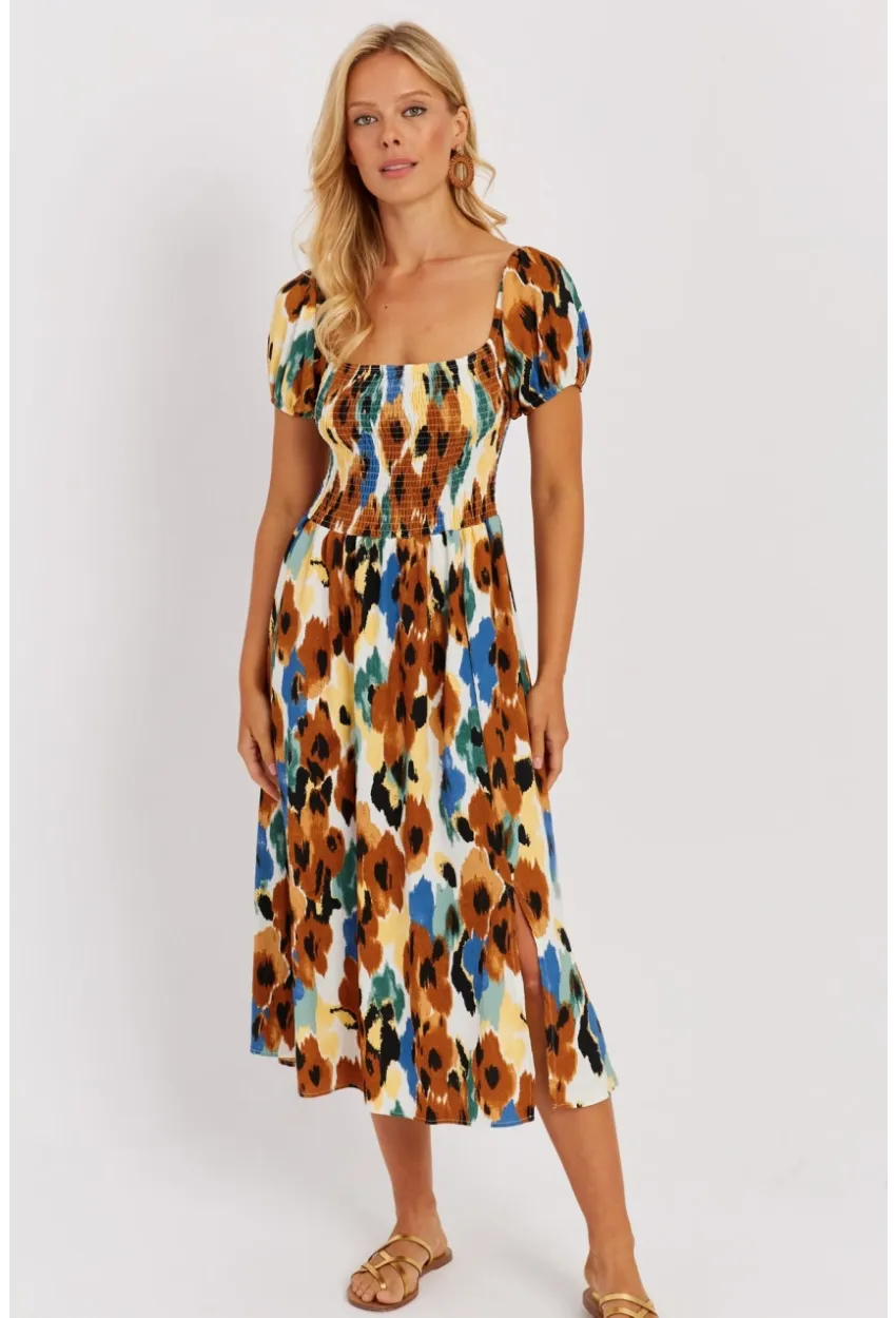 Kadın Camel Gipeli Desenli Midi Elbise MON126
