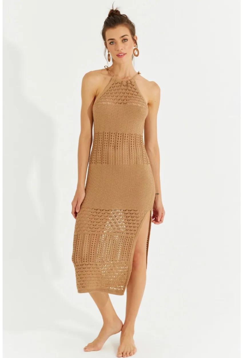 Kadın Camel Halter Yaka Ajurlu Midi Elbise SF2506