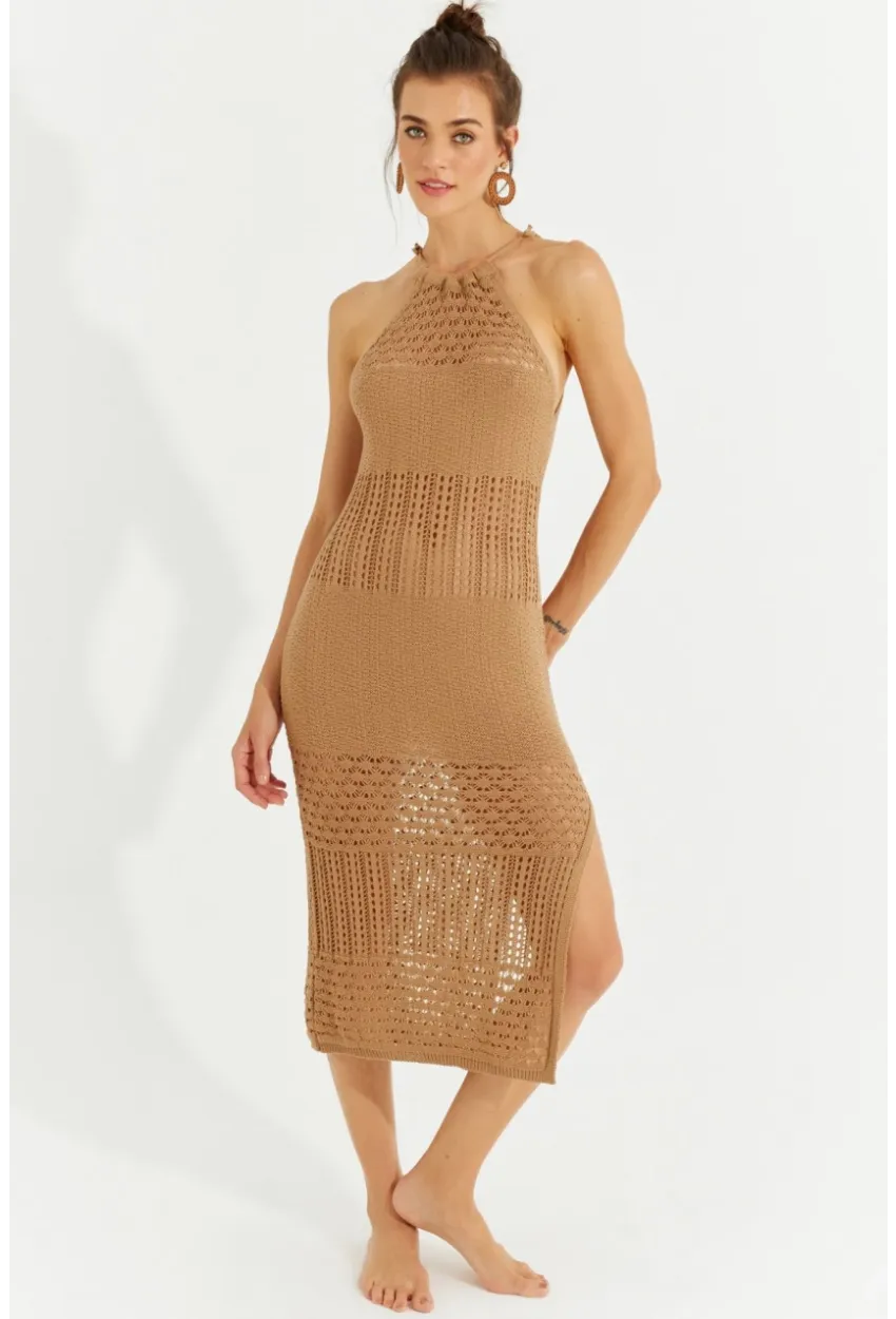 Kadın Camel Halter Yaka Ajurlu Midi Elbise SF2506