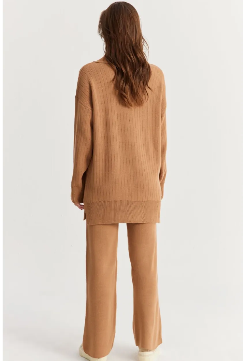 Kadın Camel İnci Düğmeli Hırka Triko Alt Üst Takım NUV26