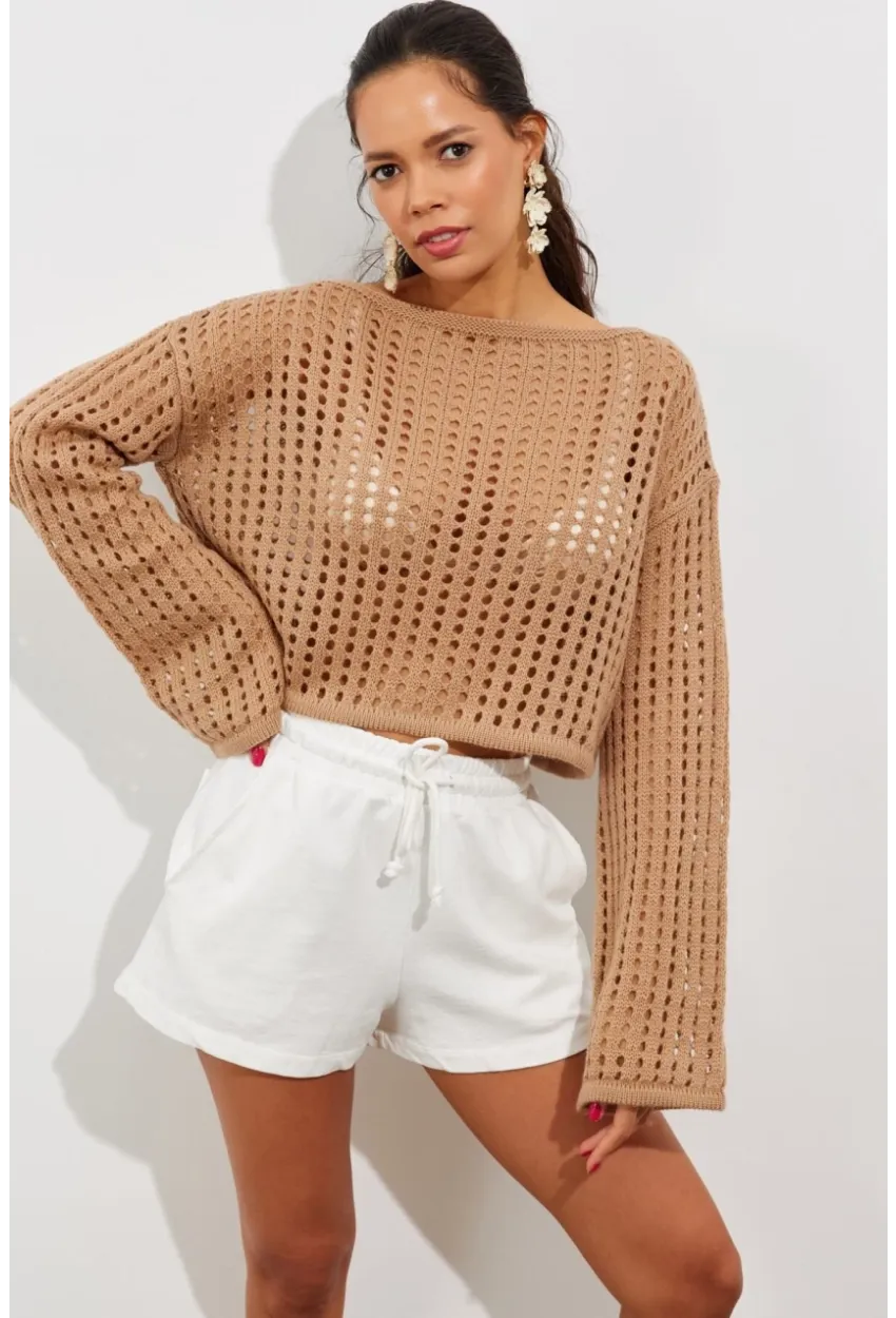 Kadın Camel İspanyol Kol Ajurlu Triko Kısa Bluz SMT181