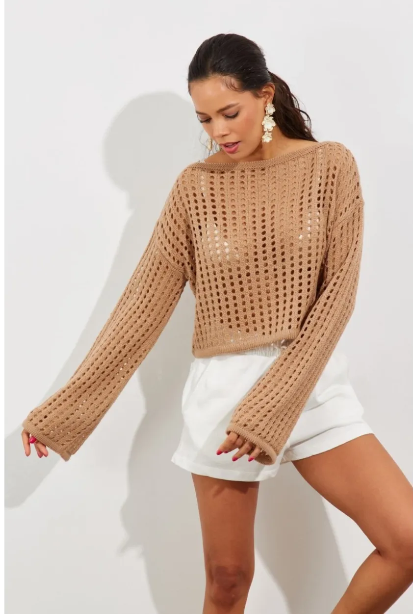 Kadın Camel İspanyol Kol Ajurlu Triko Kısa Bluz SMT181