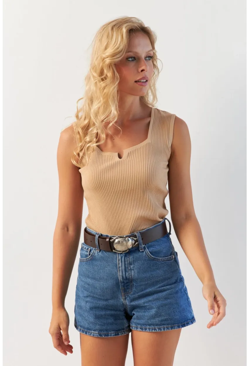 Kadın Camel Kare Yaka Triko Bluz SMT243