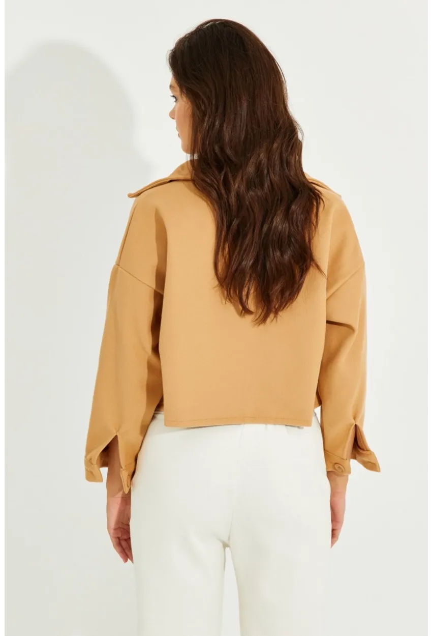 Kadın Camel Kaşe Cepli Kısa Ceket PP2444