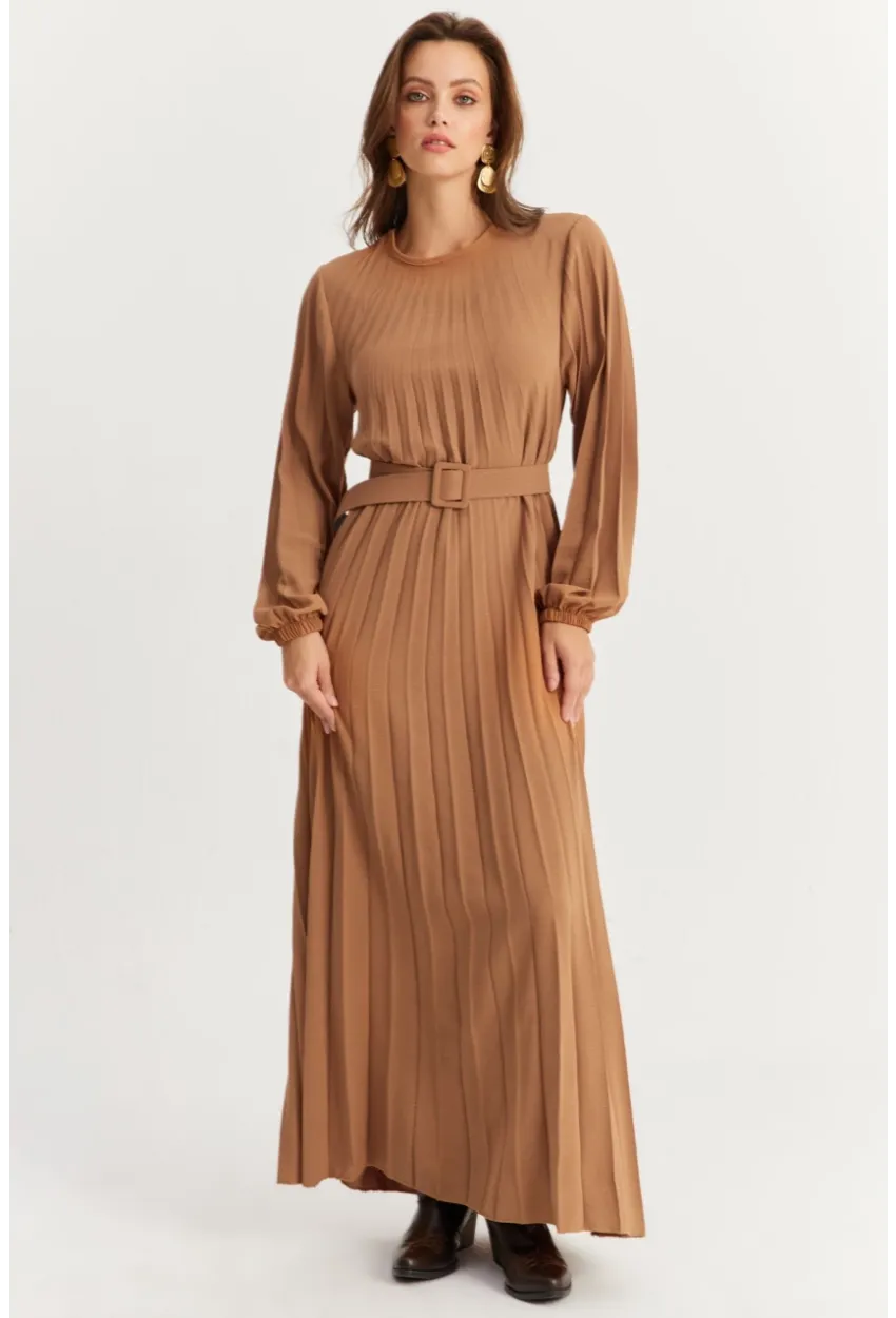 Kadın Camel Kemerli Plili Maxi Elbise ALZ500