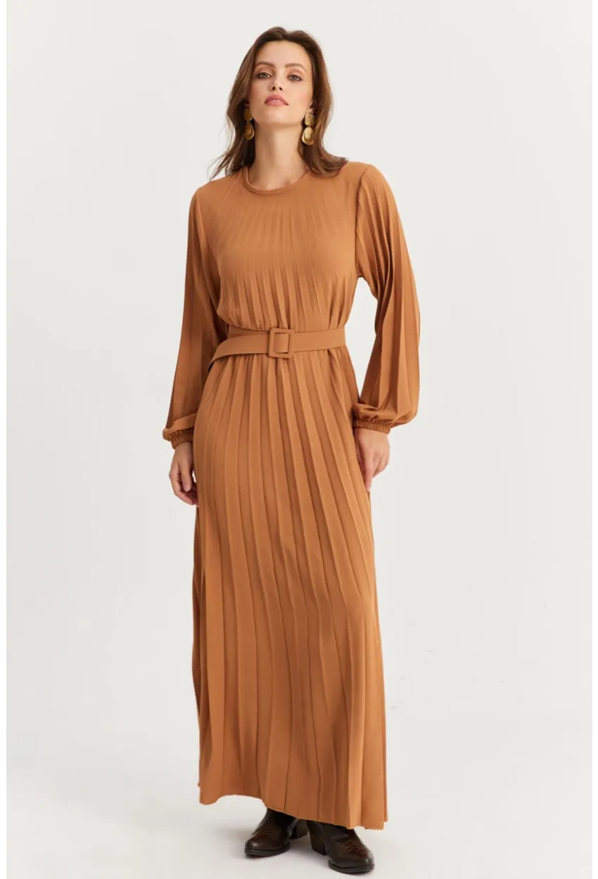 Kadın Camel Kemerli Plili Maxi Elbise ALZ500