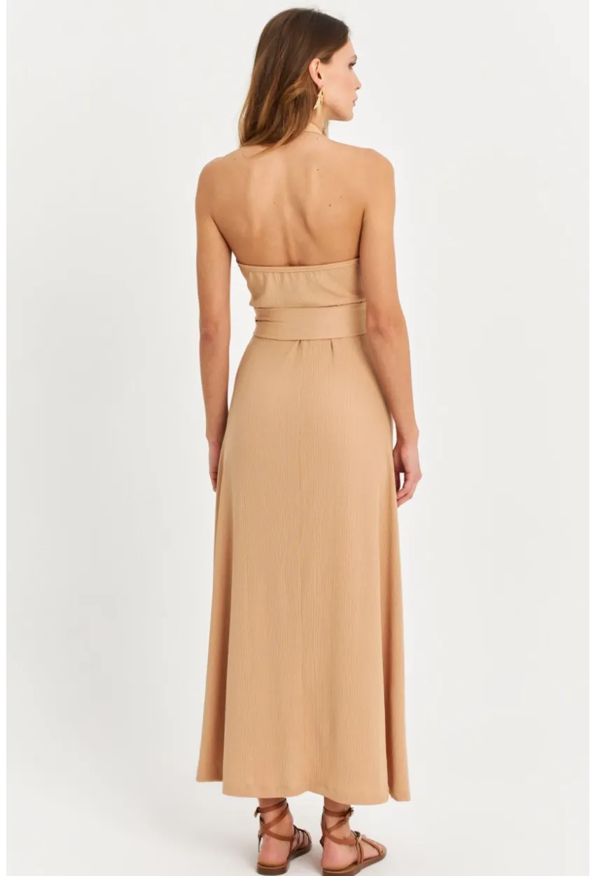 Kadın Camel Kruvaze Bürümcük Maxi Elbise EY3053