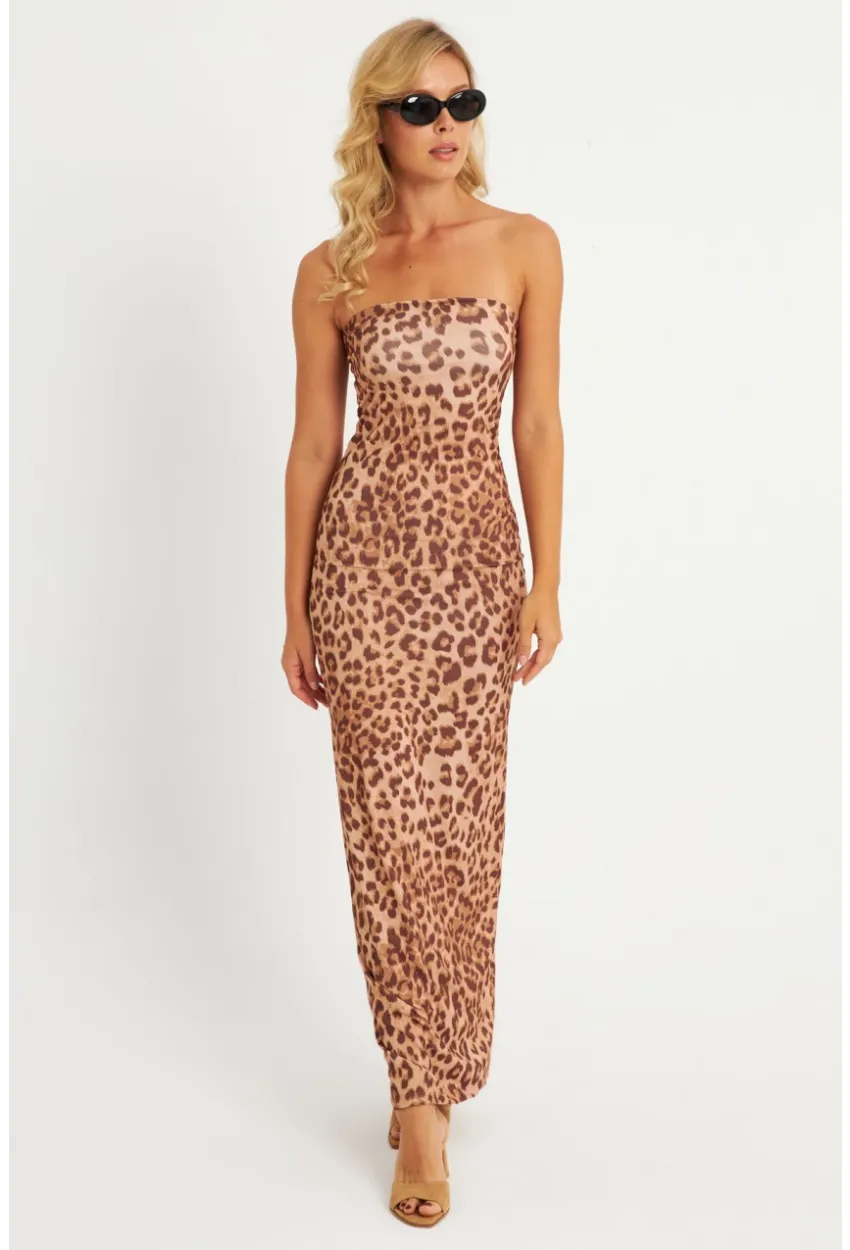 Kadın Camel Leopar Desenli Midi Straplez Yılbaşı Elbise XC001