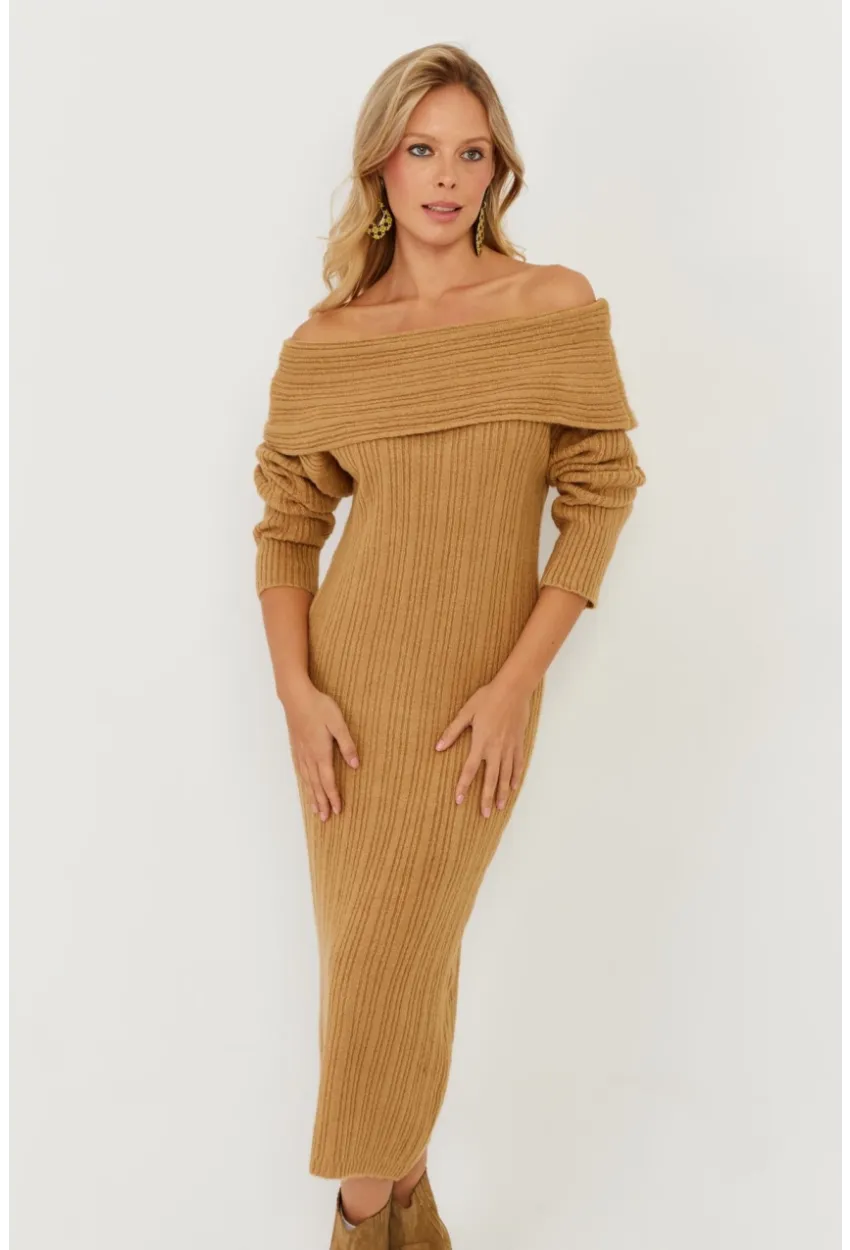 Kadın Camel Madonna Yaka Triko Midi Elbise KZ2503