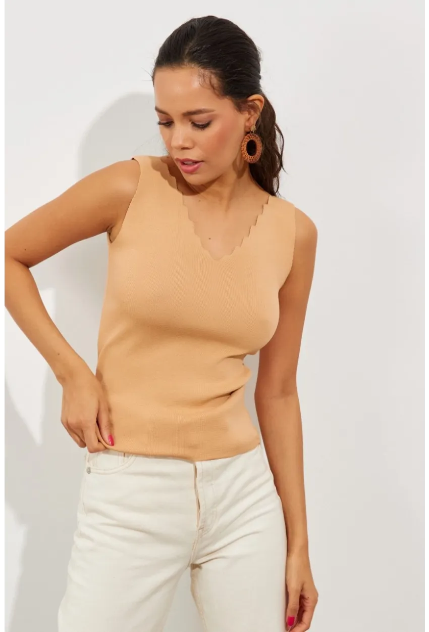 Kadın Camel Merdiven Yaka Triko Bluz YV83