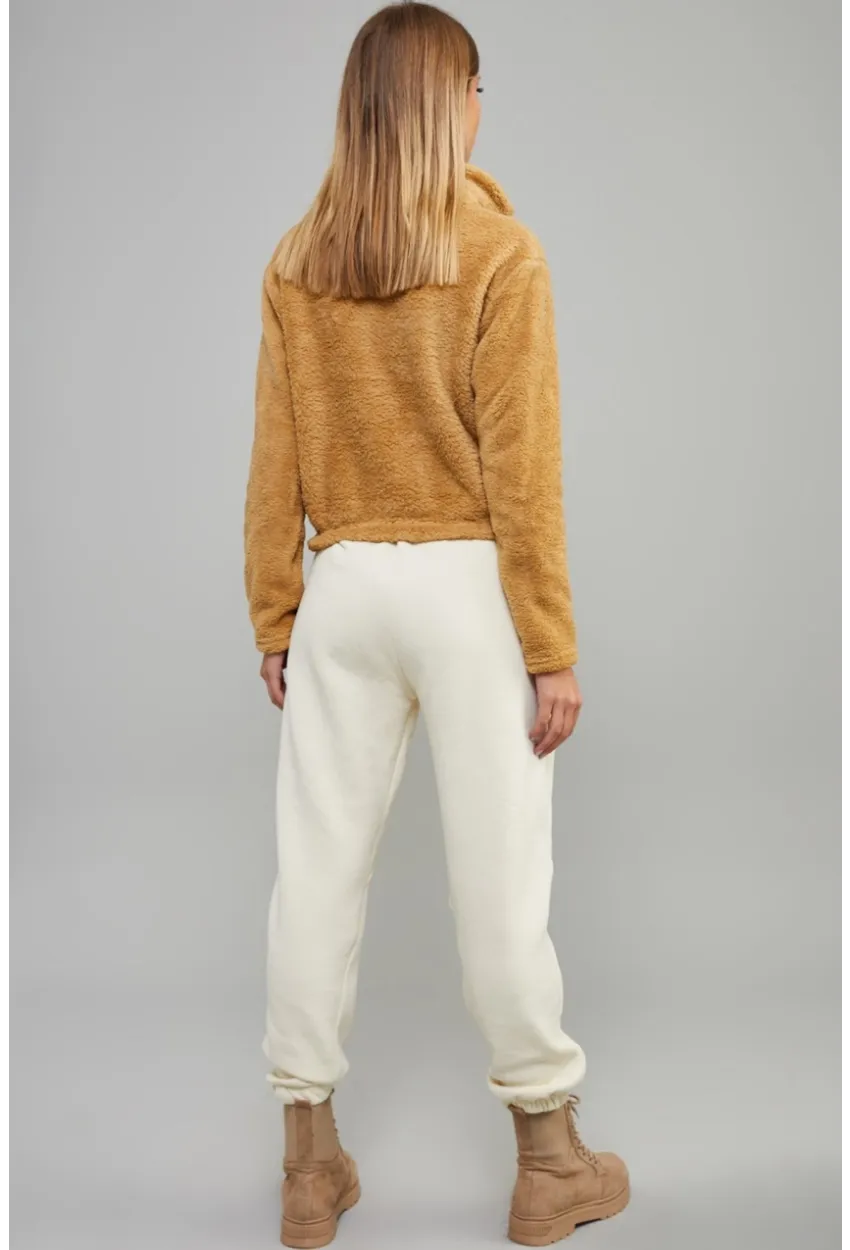 Kadın Camel Önü Fermuarlı Crop Peluş Sweatshirt DA85