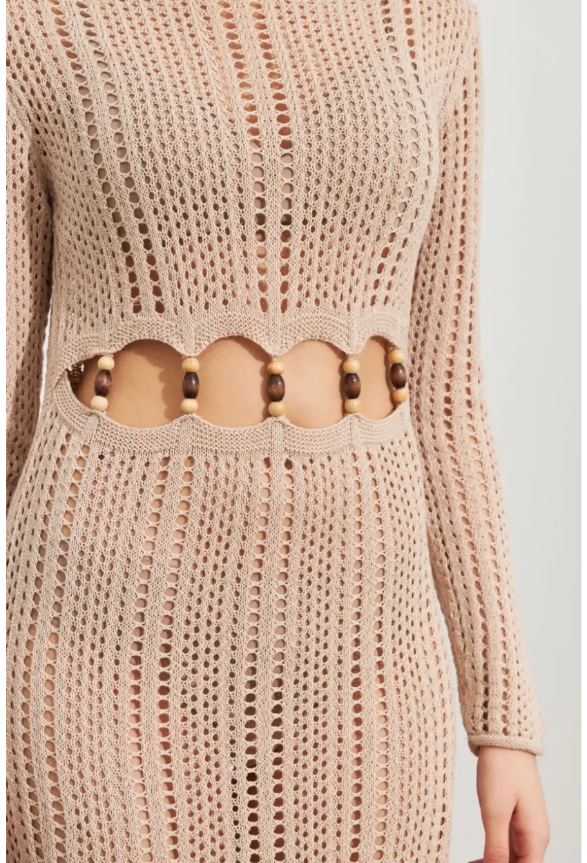 Kadın Camel Önü Pencereli Ajurlu Plaj Elbisesi KZ545