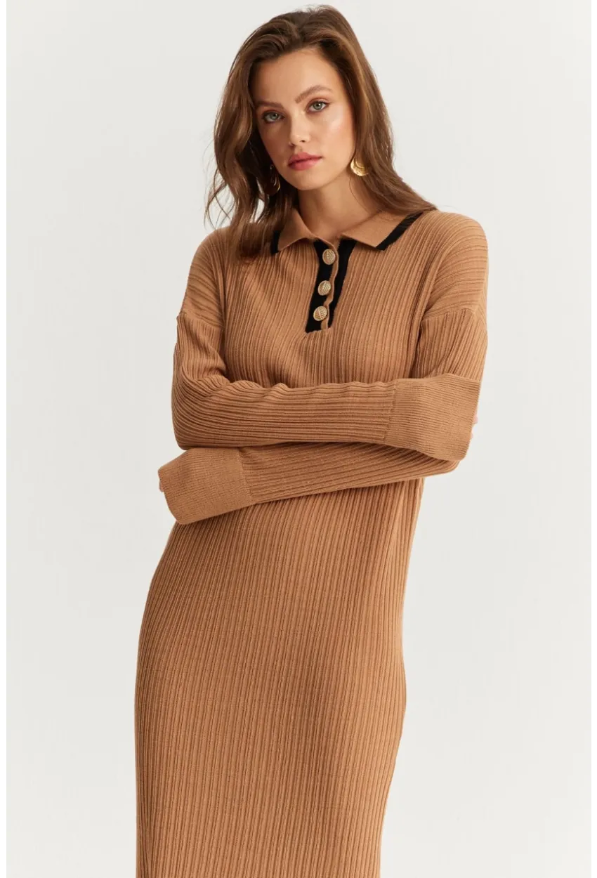 Kadın Camel Polo Yaka Triko Maxi Elbise MNUV17