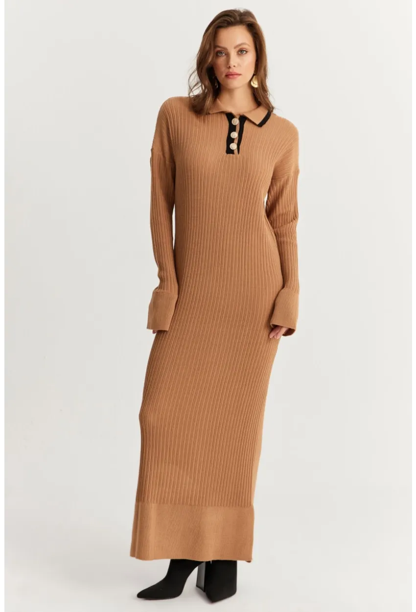Kadın Camel Polo Yaka Triko Maxi Elbise MNUV17