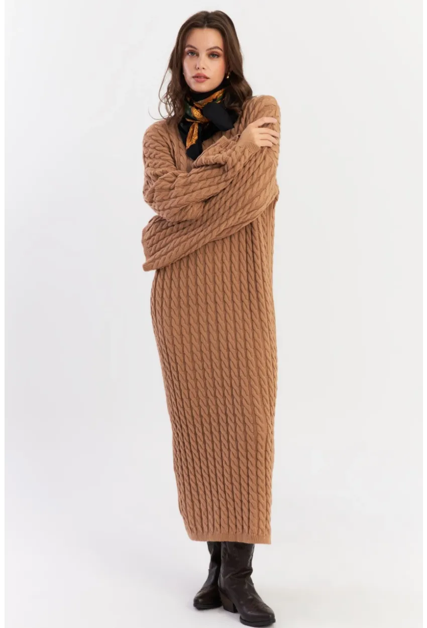 Kadın Camel Saç Örgülü Triko Midi Elbise KZ541