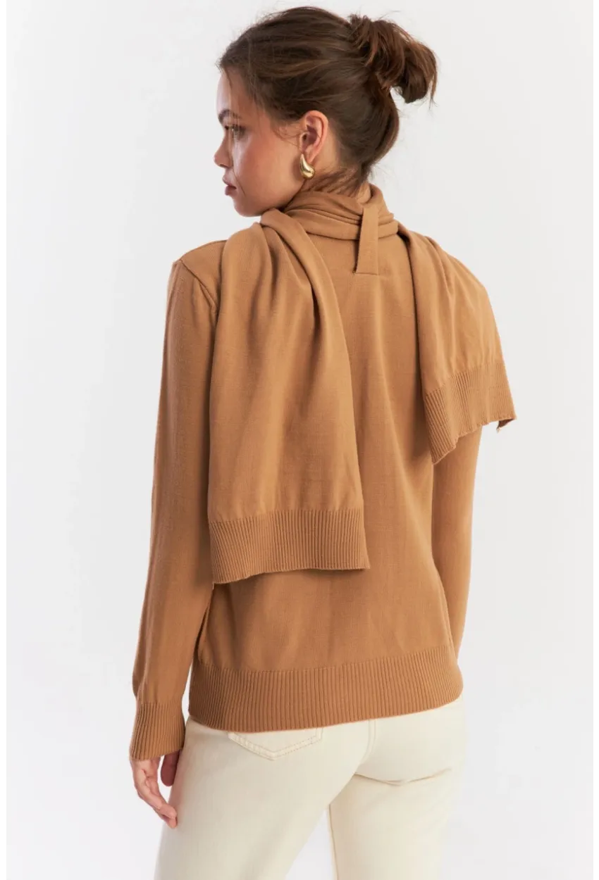 Kadın Camel Şal Aksesuarlı Triko Bluz YV286