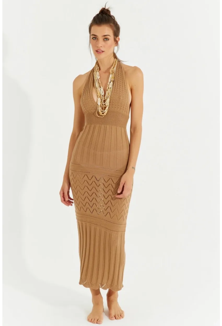 Kadın Camel Sırtı Açık Triko Maxi Elbise SF2505