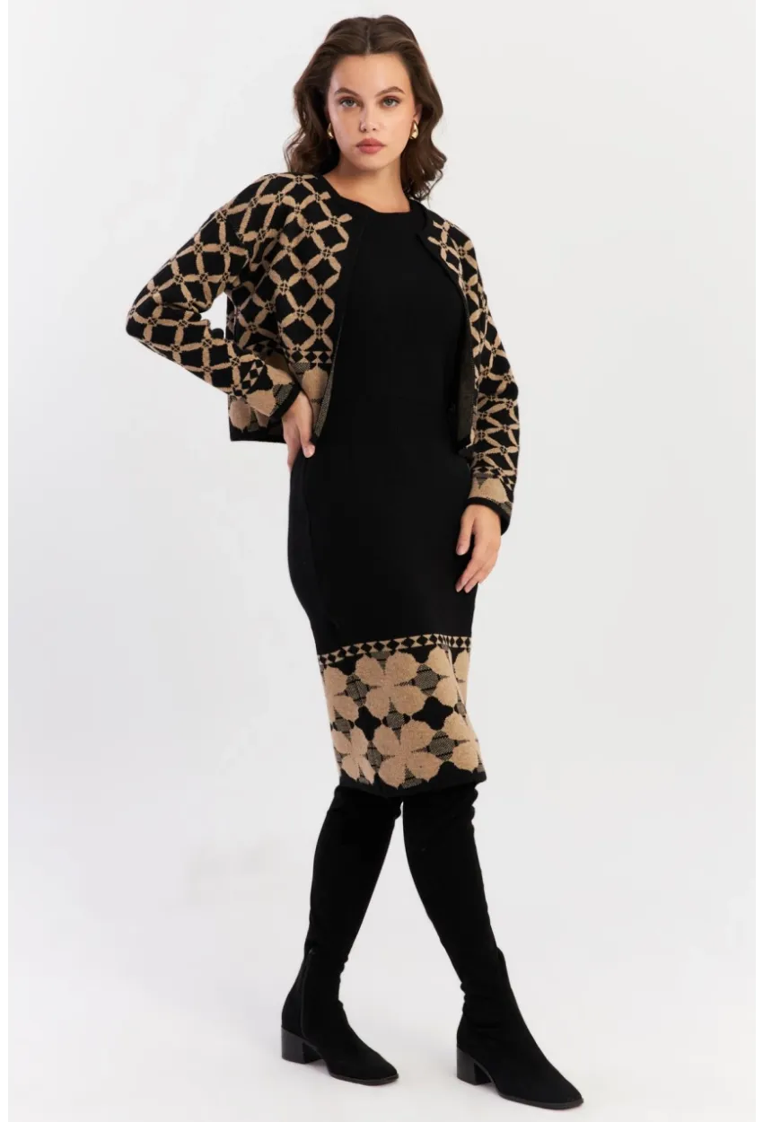 Kadın Camel-Siyah Alt Üst Triko Desenli Takım NUV2028