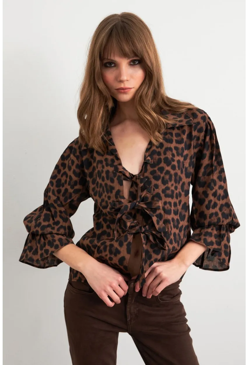 Kadın Camel-Siyah Bağlama Detaylı Leopar Gömlek FS9340