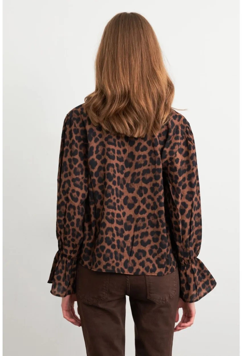 Kadın Camel-Siyah Bağlama Detaylı Leopar Gömlek FS9340