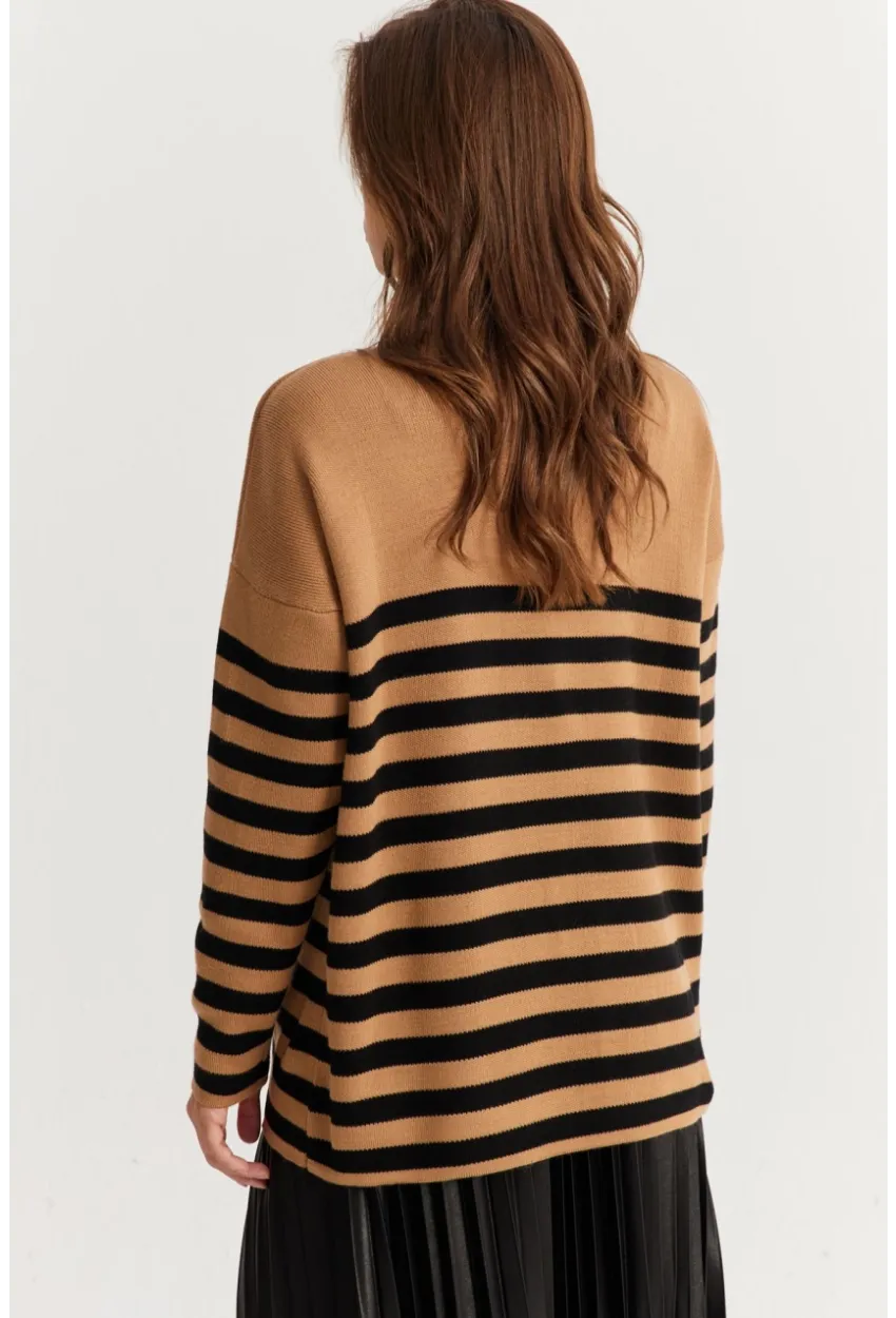 Kadın Camel-Siyah Çizgili Triko Hırka CNG3