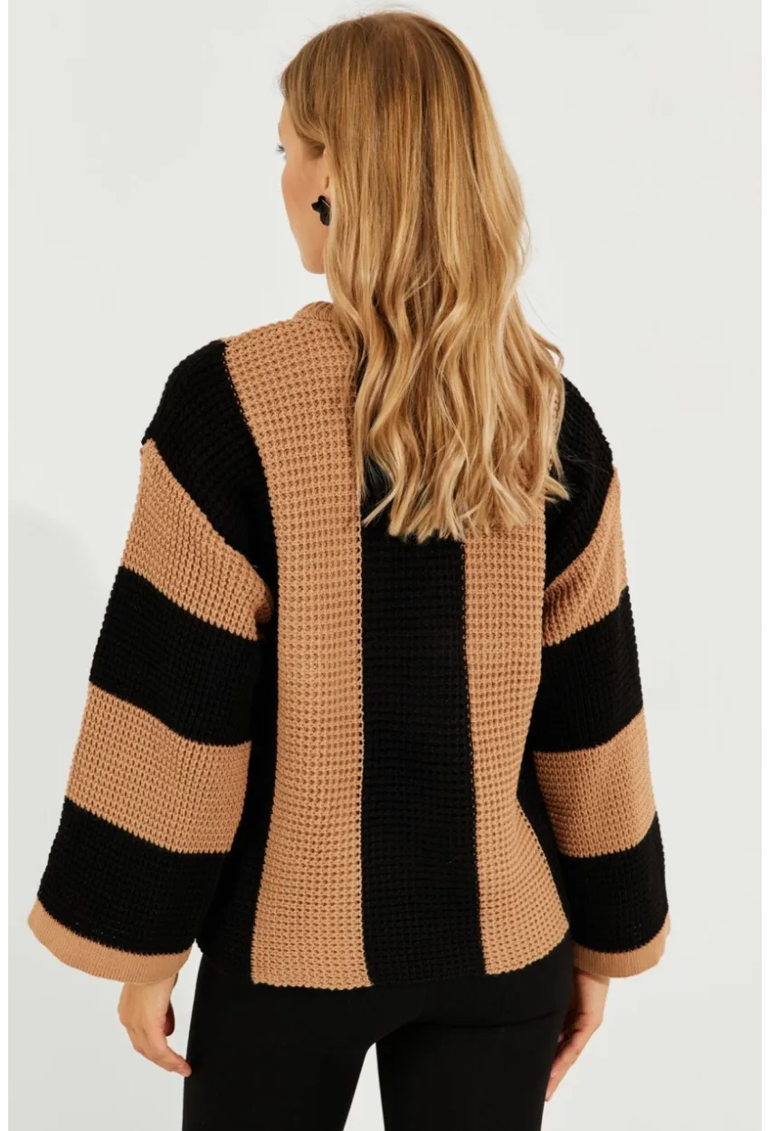 Kadın Camel-Siyah Çizgili Triko Kazak SF2507