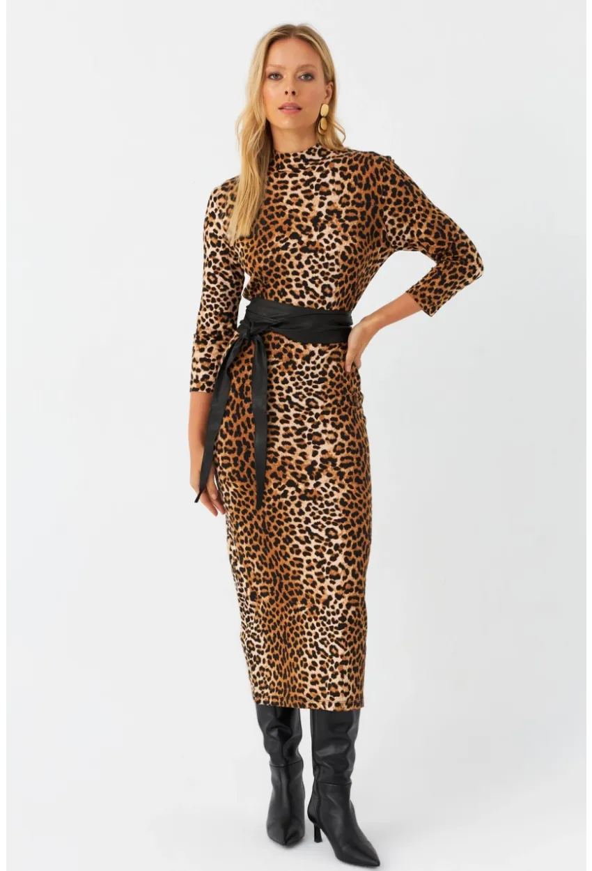 Kadın Camel-Siyah Desenli Midi Elbise MLPP400