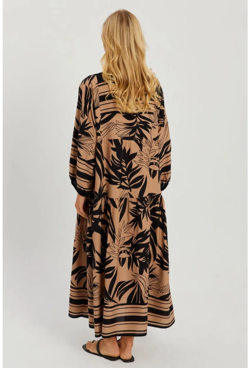 Kadın Camel-Siyah Desenli Salaş Maxi Elbise GÇ166