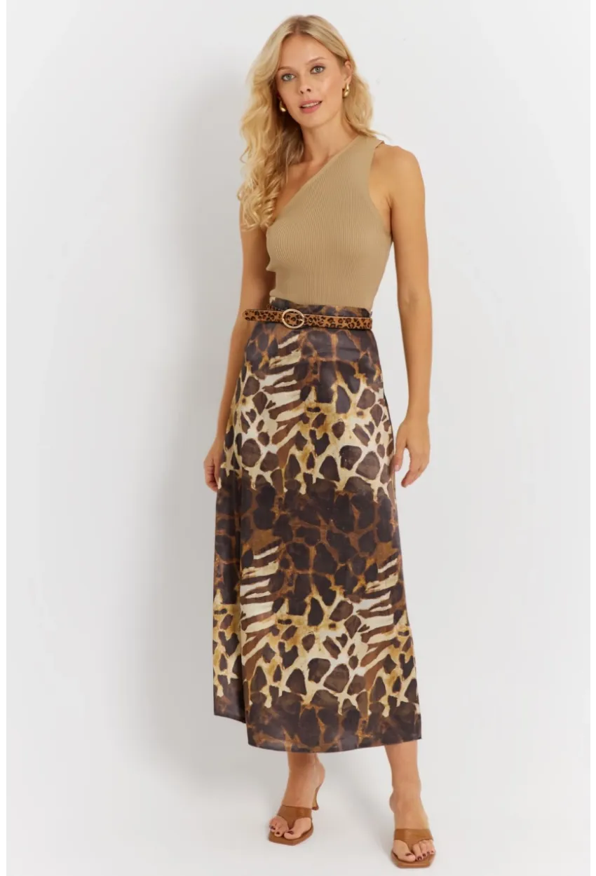 Kadın Camel-Siyah Desenli Saten Etek KED170