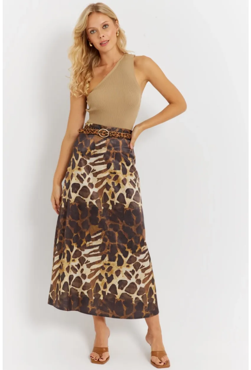 Kadın Camel-Siyah Desenli Saten Etek KED170