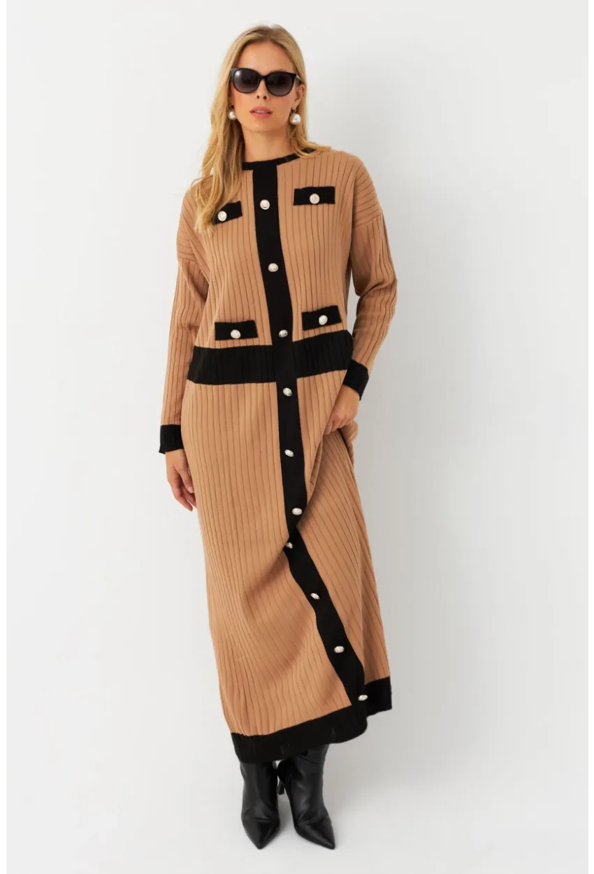 Kadın Camel-Siyah Düğme Detaylı Maxi Elbise MTC3201