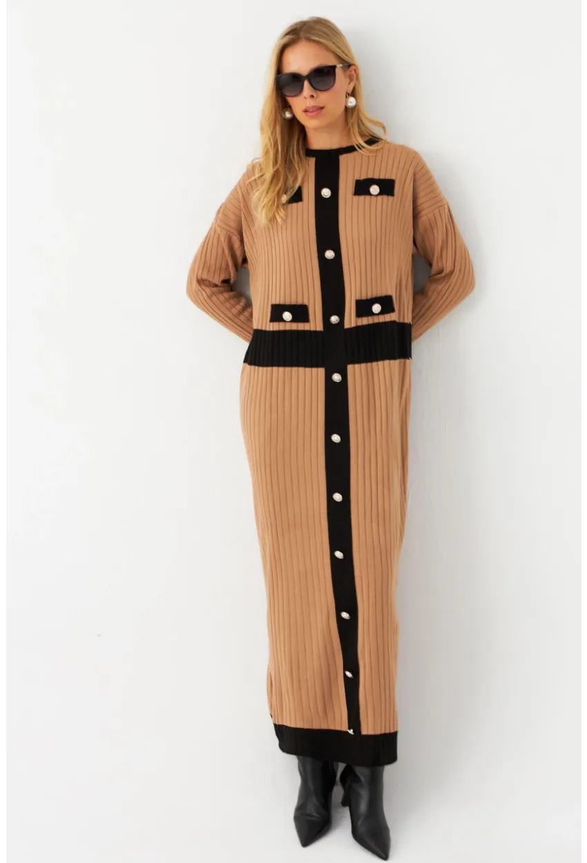 Kadın Camel-Siyah Düğme Detaylı Maxi Elbise MTC3201