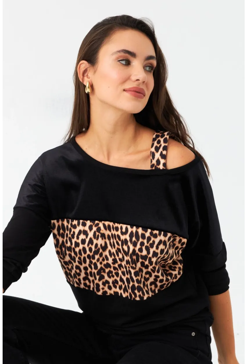 Kadın Camel-Siyah Kadife Bloklu Leopar Desenli Sweatshirt ST097
