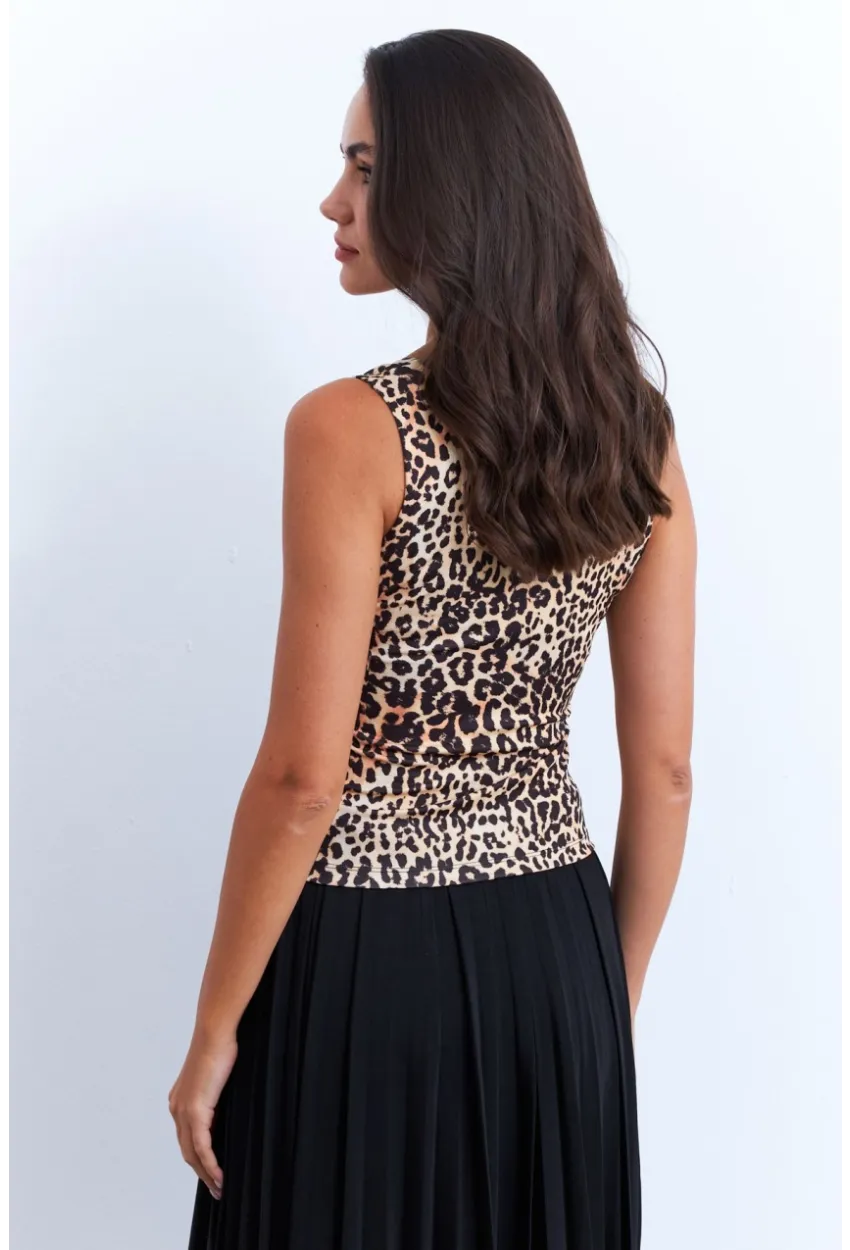 Kadın Camel-Siyah Kare Yaka Leopar Bluz RLO87