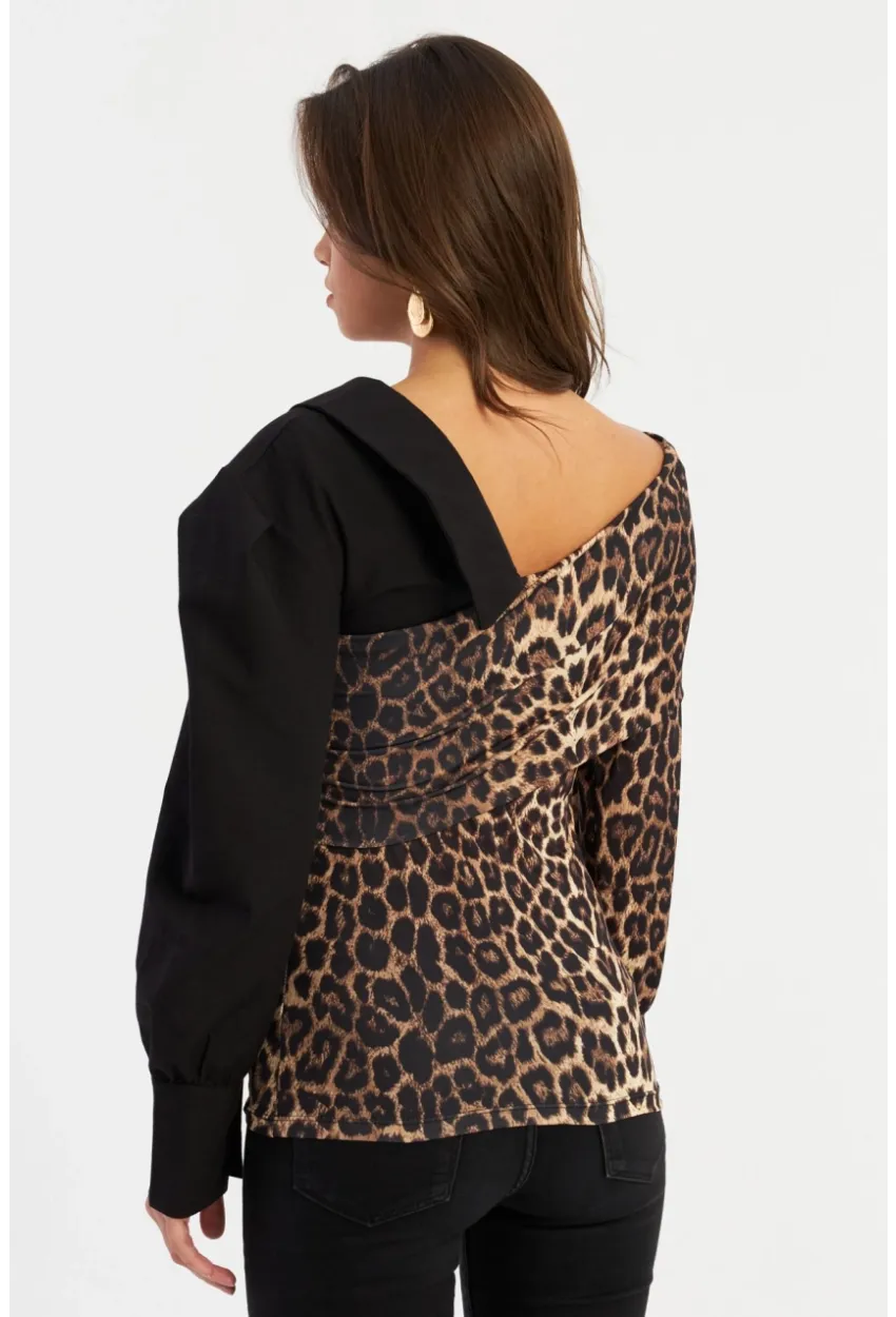 Kadın Camel-Siyah Kruvaze Leopar Bluz LİK8