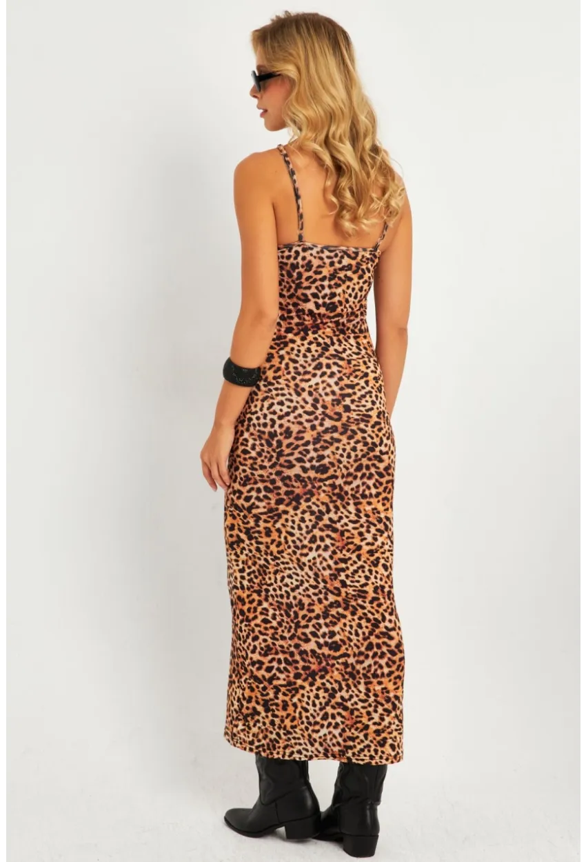 Kadın Camel-Siyah Leopar Askılı Maxi Yılbaşı Elbise GÇ184
