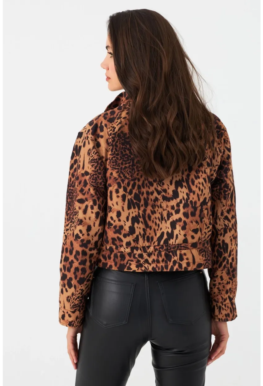Kadın Camel-Siyah Leopar Crop Ceket ELT1001