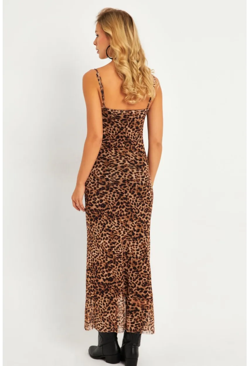 Kadın Camel-Siyah Leopar Desenli Astarlı Midi Yılbaşı Elbise GÇ180