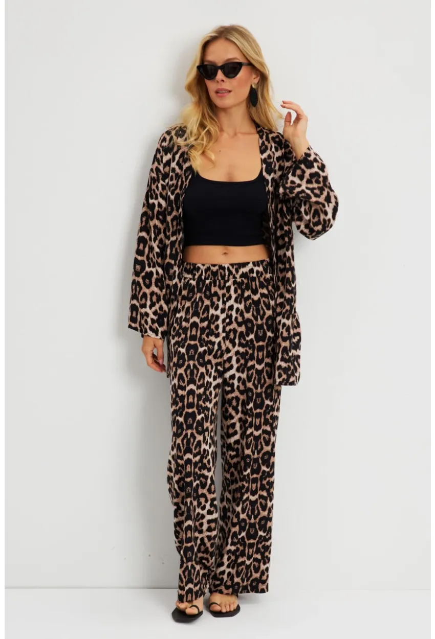 Kadın Camel-Siyah Leopar Desenli Kimono Takım GÇ163
