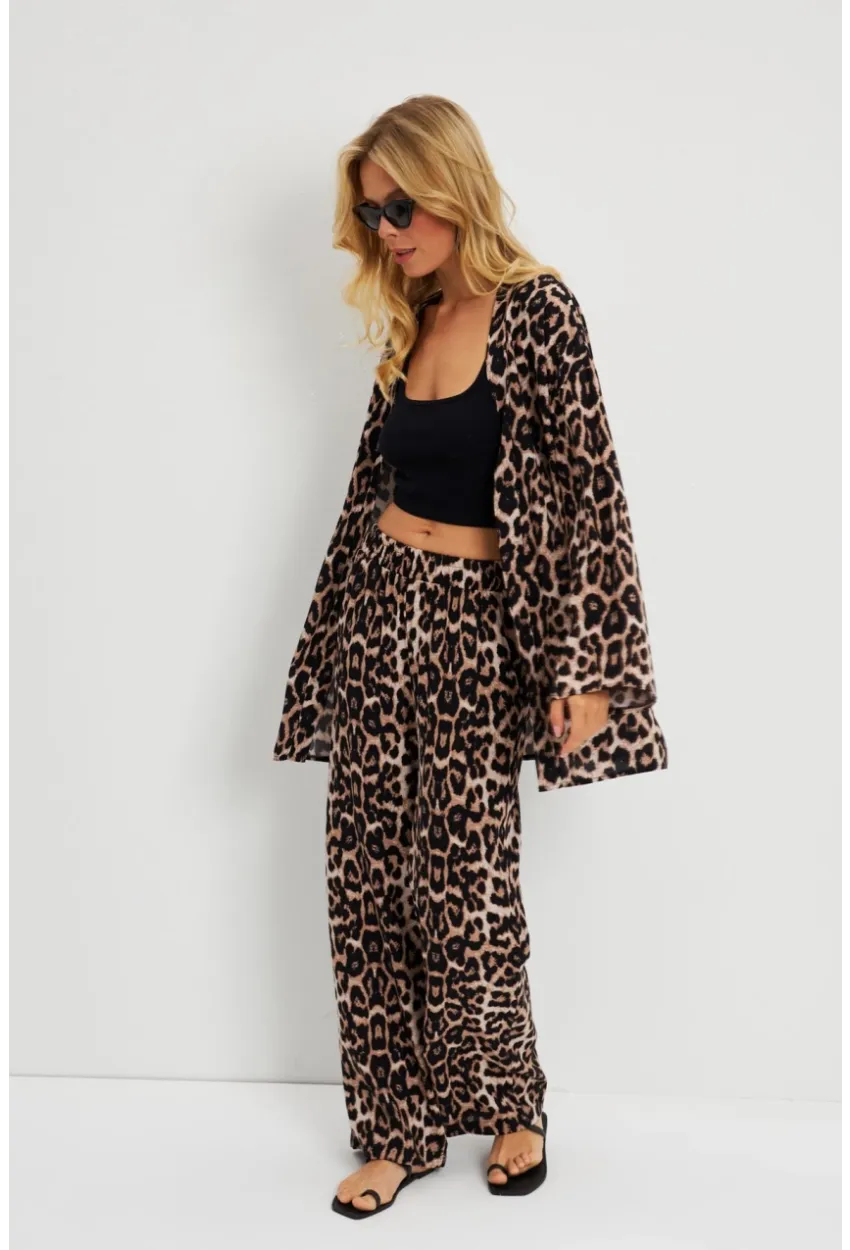 Kadın Camel-Siyah Leopar Desenli Kimono Takım GÇ163
