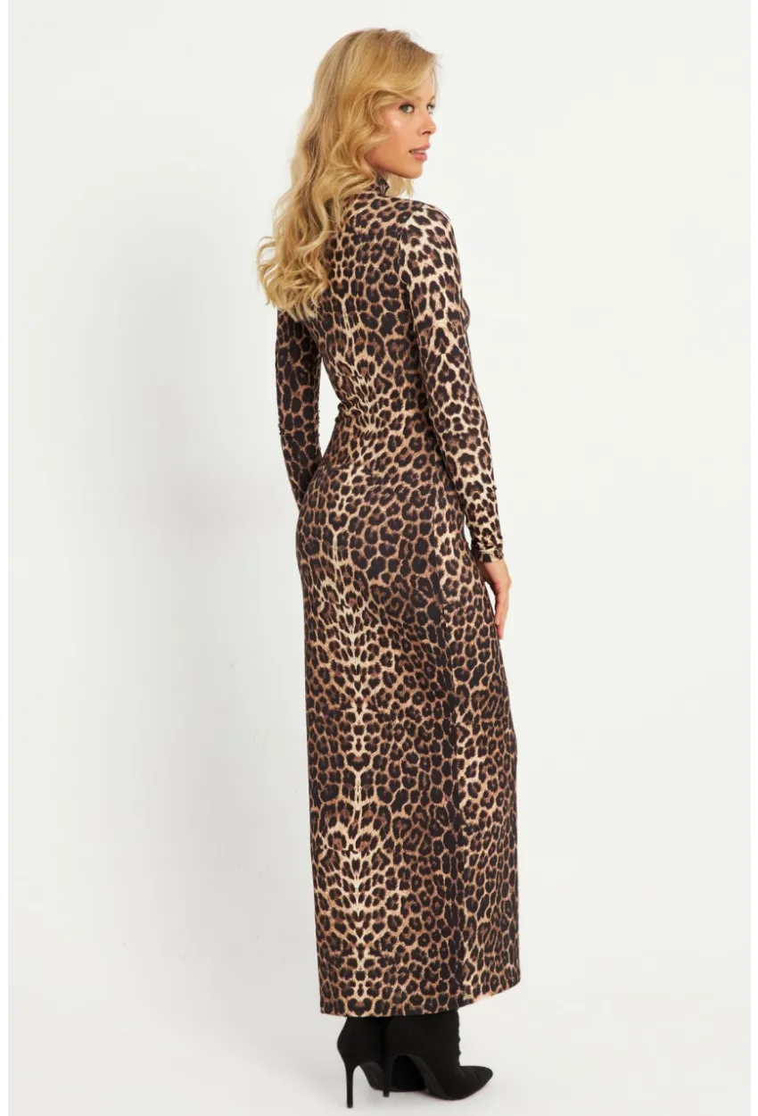 Kadın Camel-Siyah Leopar Desenli Maxi Yılbaşı Elbise LİK07