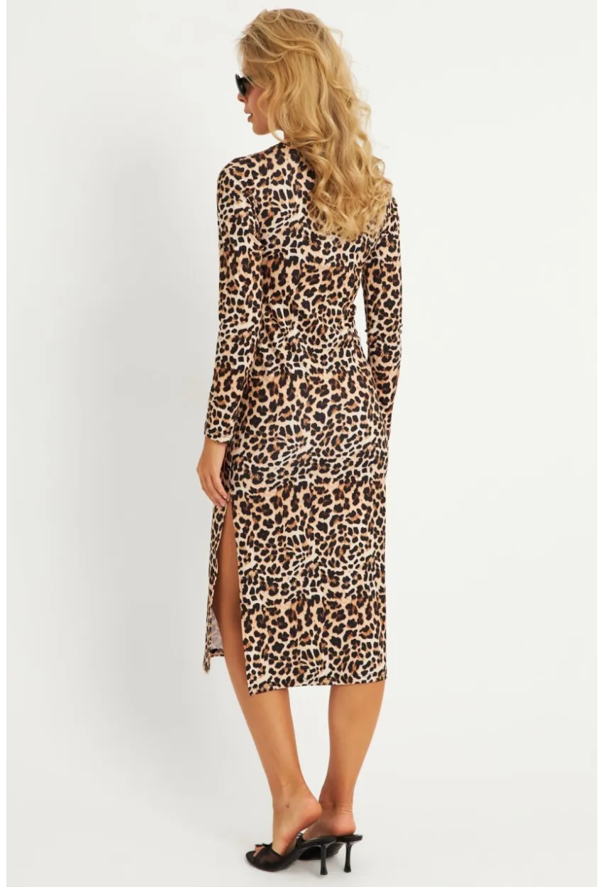 Kadın Camel-Siyah Leopar Desenli Midi Elbise YLE31